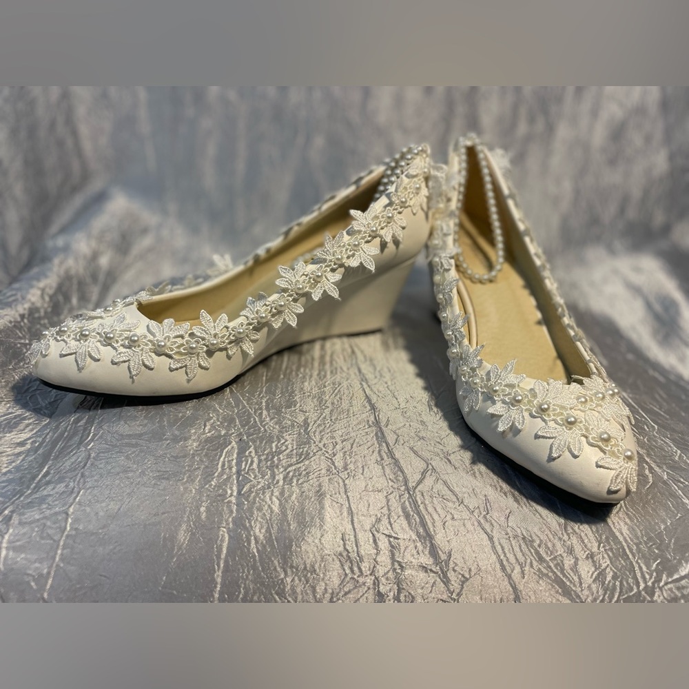 Get More Beauty beautiful white wedges for the bride🤍 pearl ankle strap